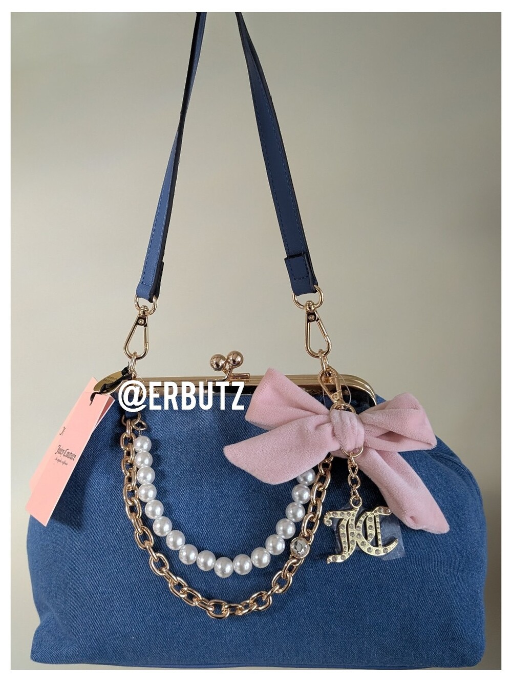 Viral 🎥 Juicy Couture Chic Y2K Medium Kiss Lock Frame Clutch, Denim + Pink 🩷
